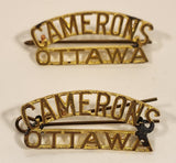 Vintage WWII Camerons Ottawa Highlanders Brass Shoulder Badge Title Set of 2