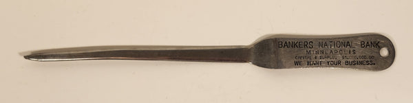 Rare Antique Bankers National Bank Minneapolis Capital & Surplus $1,000,000.00 We Want Your Business Metal Letter Opener