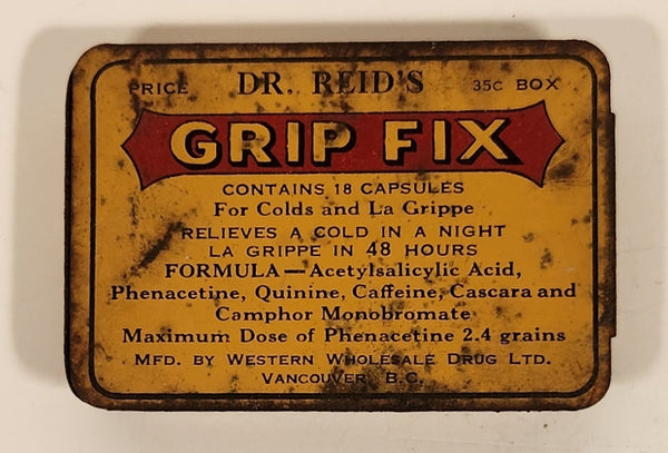 Vintage Dr Reid's Grip Fix For Colds and La Grippe Small Tin Metal Container Western Wholesale Drug Ltd. Vancouver, B.C.