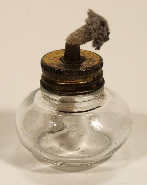Antique Small Alcohol Lamp with Wick Glass with Metal Screw on Lid Base Marked 2436