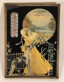 Rare Antique 1940s  J. M. Chalmers Jeweller Coleman, Alberta Victorian Woman with Dog Metal Framed Thermometer