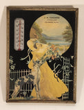 Rare Antique 1940s  J. M. Chalmers Jeweller Coleman, Alberta Victorian Woman with Dog Metal Framed Thermometer