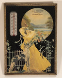 Rare Antique 1940s  J. M. Chalmers Jeweller Coleman, Alberta Victorian Woman with Dog Metal Framed Thermometer