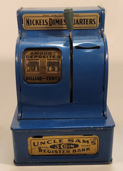 Vintage Durable Toy & Novelty Co Uncle Sam 3 Coin Register Bank Nickels Dimes Quarters Blue Metal Mechanical Coin Bank
