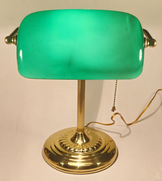 Vintage Curved Green Glass on Brass Bankers Desk Lamp 14" Tall