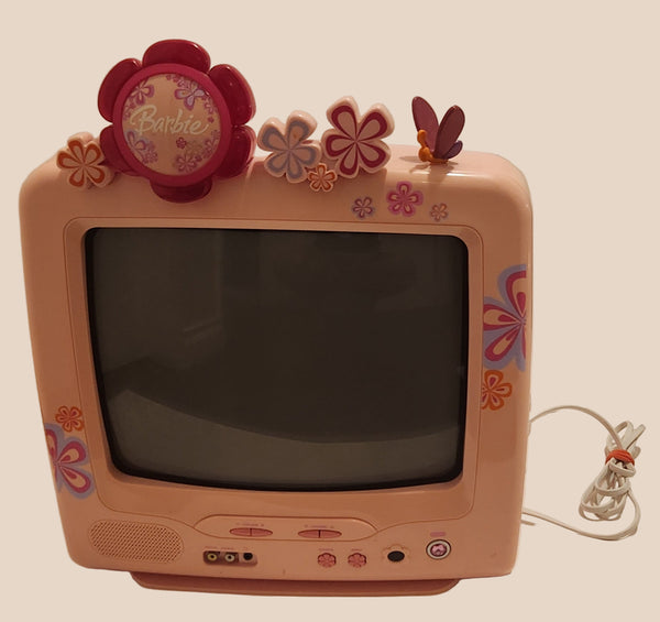 2007 Mattel Barbie Pink 13" CRT TV with Flowers and Butterflies Model BAR322