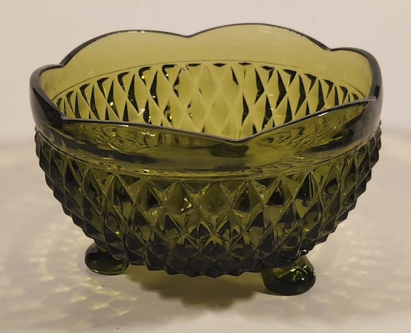 Vintage Indiana Glass Diamond Point Avocado Green Tri-Footed Candy Dish