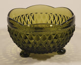 Vintage Indiana Glass Diamond Point Avocado Green Tri-Footed Candy Dish