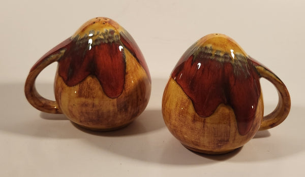 Vintage Art Studio Pottery Orange and Red Drip Glaze Salt and Pepper Shakers Set with Handles Signed EMM