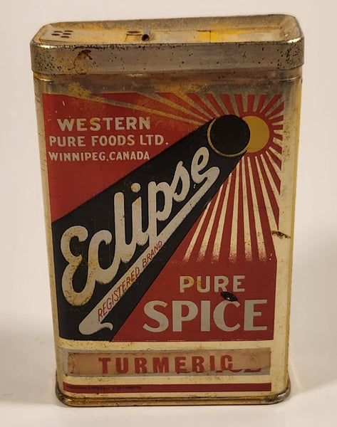 Rare Antique Western Pure Foods Ltd Winnipeg Canada Eclipse Pure Spice Turmeric Tin Metal Container Near Full