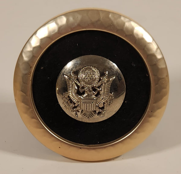 Vintage WWII Era US Army Great Seal of The United States Man's Cap Badge Pin On Brass Rimmed Fold Out Felt Stand