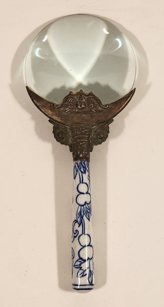 Antique Blue and White Porcelain Handle Brass Loupe Magnifying Glass