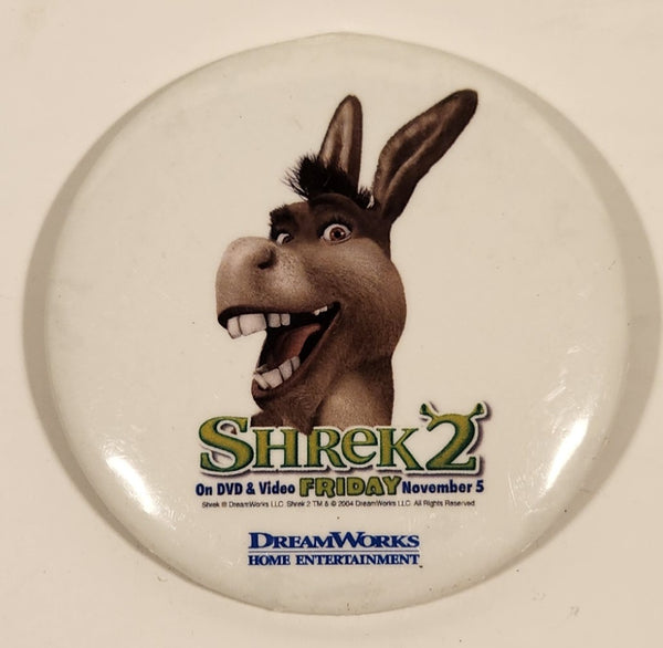 2004 DreamWorks Home Entertainment Shrek 2 Donkey On DVD & Video Friday November 5 2 1/2" Button Pin