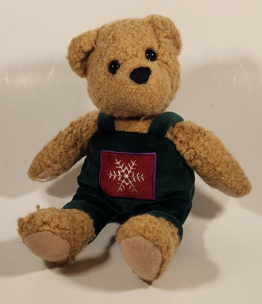 Hallmark Cards Brown Teddy Bear in Green Overalls with Red Square and White Snowflake 10" Stuffed Plush Toy with Velcro Hands