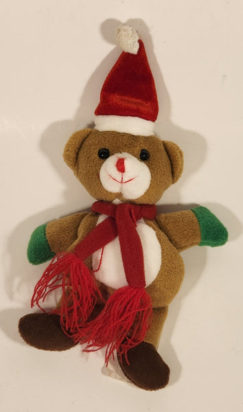 Brown Christmas Teddy Bear with Santa Hat Red Scarf Green Hands 9 1/2" Stuffed Plush Toy