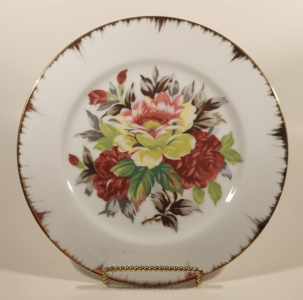 Vintage Japan Red and White Flowers with Leaves 10 1/4" Gold Rimmed Dinner Plate