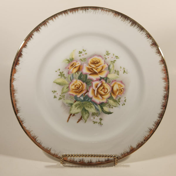 Vintage Japan Yellow Pink Trimmed Roses 10 1/4" Gold Rimmed Dinner Plate