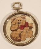 Brown Teddy Bear with Red Bow Cross Stitch Brass Plastic Frame Wall Hanging