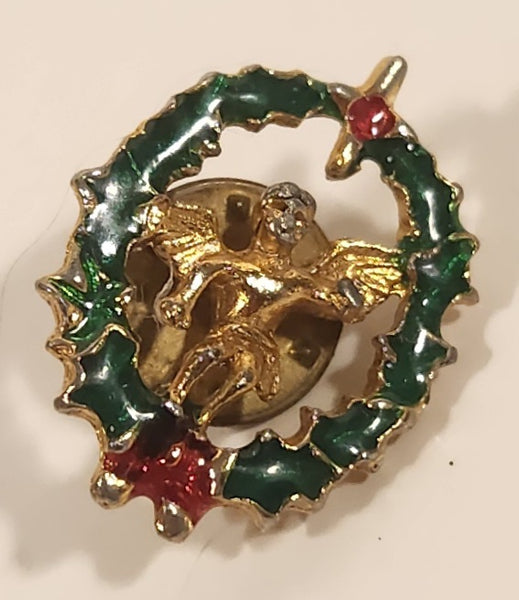 Gold Tone Angel in Green and Red Enamel Christmas Wreath Metal Brooch Lapel Pin