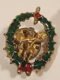 Gold Tone Angel in Green and Red Enamel Christmas Wreath Metal Brooch Lapel Pin