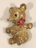 Gold Tone Teddy Bear with Red Bow Metal Brooch Pin