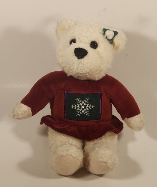 Hallmark Cards White Teddy Bear in Red Dress with Green Square and White Snowflake 10" Stuffed Plush Toy with Velcro Hands