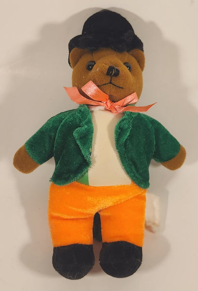 Brown Teddy Bear in Black Top Hat with Green Jacket and Orange Pants 8 1/2" Stuffed Beanie Plush Toy