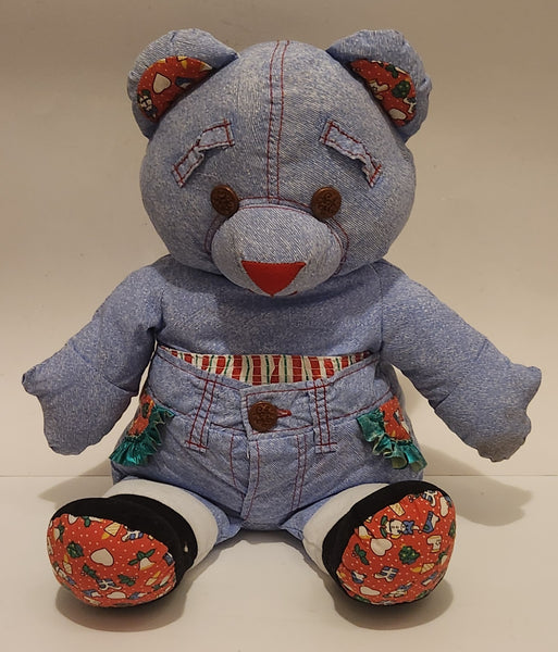 1990s Tyco Doodle Bear Denim Blue Jean Patchwork 20" Stuffed Plush Toy