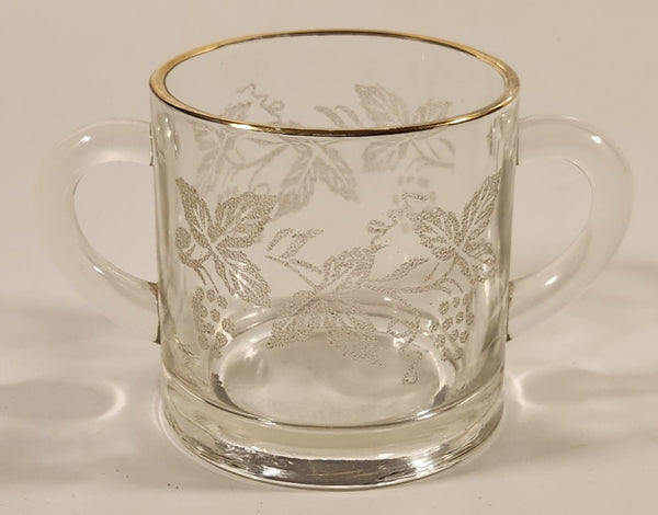 Vintage 1940s Bartlett Collins Frosted Grapes and Leaves Gold Rimmed Double Handle Glass Sugar Bowl