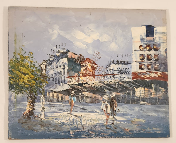 Buildings and Windmill with People Original 7 3/4" x 9 1/2" Hand Painted Oil Paint On Brown Hard Board