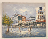 Buildings and Windmill with People Original 7 3/4" x 9 1/2" Hand Painted Oil Paint On Brown Hard Board