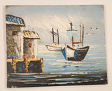 Nautical Ships Sailboats in Harbour Original 7 3/4" x 9 1/2" Hand Painted Oil Paint On Brown Hard Board