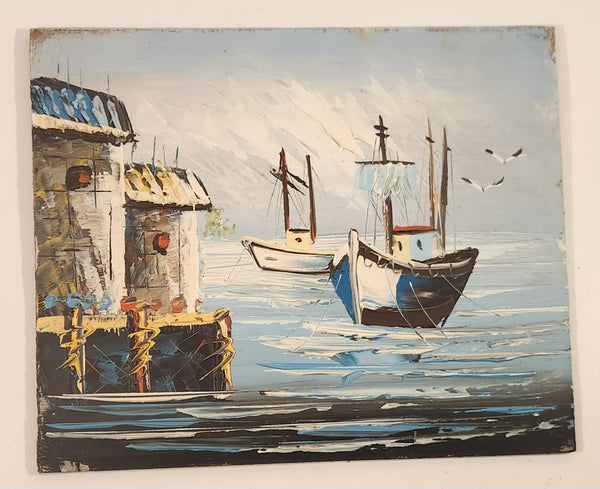 Nautical Ships Sailboats in Harbour Original 7 3/4" x 9 1/2" Hand Painted Oil Paint On Brown Hard Board