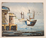 Nautical Ships Sailboats in Harbour Original 7 3/4" x 9 1/2" Hand Painted Oil Paint On Brown Hard Board