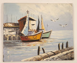 Nautical Ships Sailboats in Harbour Original 7 3/4" x 9 1/2" Hand Painted Oil Paint On Brown Hard Board