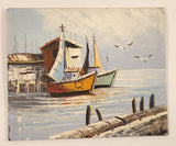 Nautical Ships Sailboats in Harbour Original 7 3/4" x 9 1/2" Hand Painted Oil Paint On Brown Hard Board