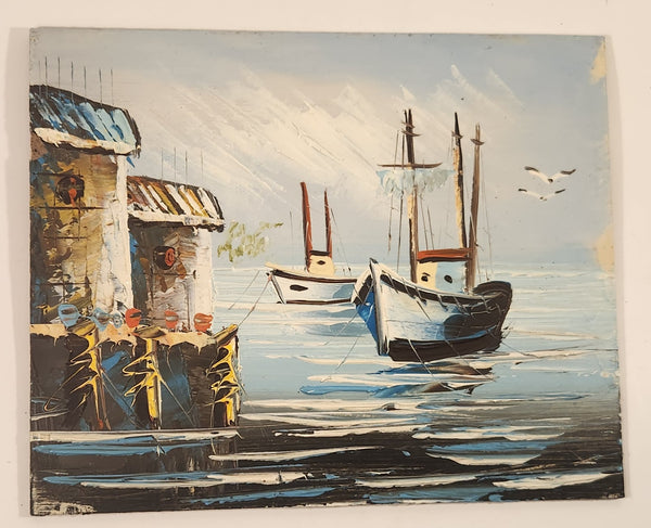 Nautical Ships Sailboats in Harbour Original 7 3/4" x 9 1/2" Hand Painted Oil Paint On Brown Hard Board