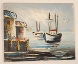 Nautical Ships Sailboats in Harbour Original 7 3/4" x 9 1/2" Hand Painted Oil Paint On Brown Hard Board