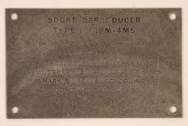 Antique 1947 Bureau of Ships U.S. Navy Masco Mark Simpson Manufacturing Corporation Sound Reproducer Type IC / RPM-4MS Portable PA Set Metal Nameplate Tag