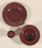 Antique 1930s Franciscan Ware Coronado Swirl Dark Red Burgundy Maroon Sauce Plate Sauce Bowl and Soy Sauce Pourer with Lid Dish Set