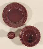 Antique 1930s Franciscan Ware Coronado Swirl Dark Red Burgundy Maroon Sauce Plate Sauce Bowl and Soy Sauce Pourer with Lid Dish Set