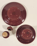Antique 1930s Franciscan Ware Coronado Swirl Dark Red Burgundy Maroon Sauce Plate Sauce Bowl and Soy Sauce Pourer with Lid Dish Set