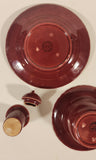 Antique 1930s Franciscan Ware Coronado Swirl Dark Red Burgundy Maroon Sauce Plate Sauce Bowl and Soy Sauce Pourer with Lid Dish Set
