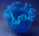 Vintage Fenton Ruffled Edge Hobnail Blue Uranium Glass Flower Vase