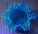 Vintage Fenton Ruffled Edge Hobnail Blue Uranium Glass Flower Vase