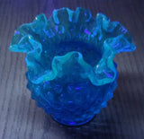 Vintage Fenton Ruffled Edge Hobnail Blue Uranium Glass Flower Vase