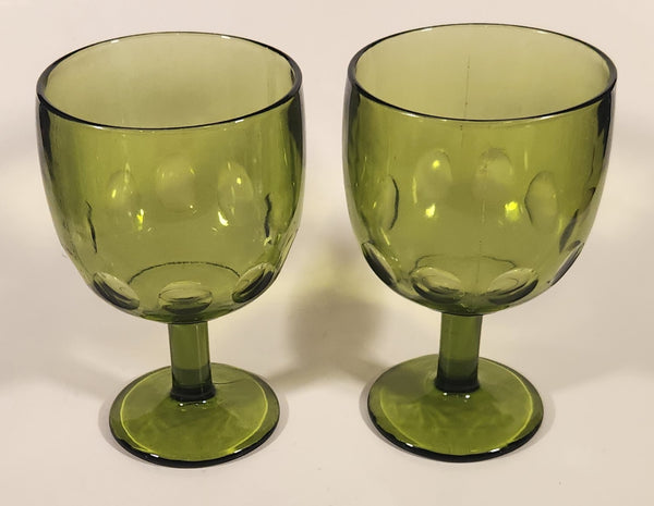 Vintage Bartlett Collins Thumbprint Avocado Green Glass Pedestal Cup Goblets Set of 2