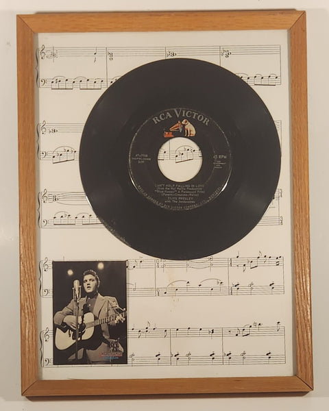 RCA Victor Elvis Presley with The Jordanaires Can't Help Falling In Love 45RPM Vinyl Record Album and Black and White Photo On Sheet Music Background in Wood Frame