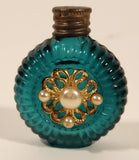 Antique Czech Jeweled Ornate Gold Design with Pearls Green Ribbed Glass Miniature 2" Perfume Bottle
