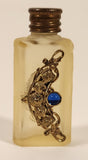 Antique Czech Jeweled Ornate Gold Design with Blue Stone Frosted White Glass Miniature 2 1/4" Perfume Bottle